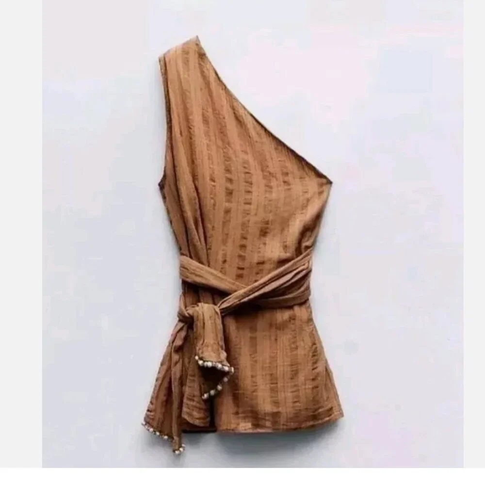 ZARA One Shoulder Striped Beaded Dress Top Shirt Brown NEW 100% Cotton M - Picture 2 of 5